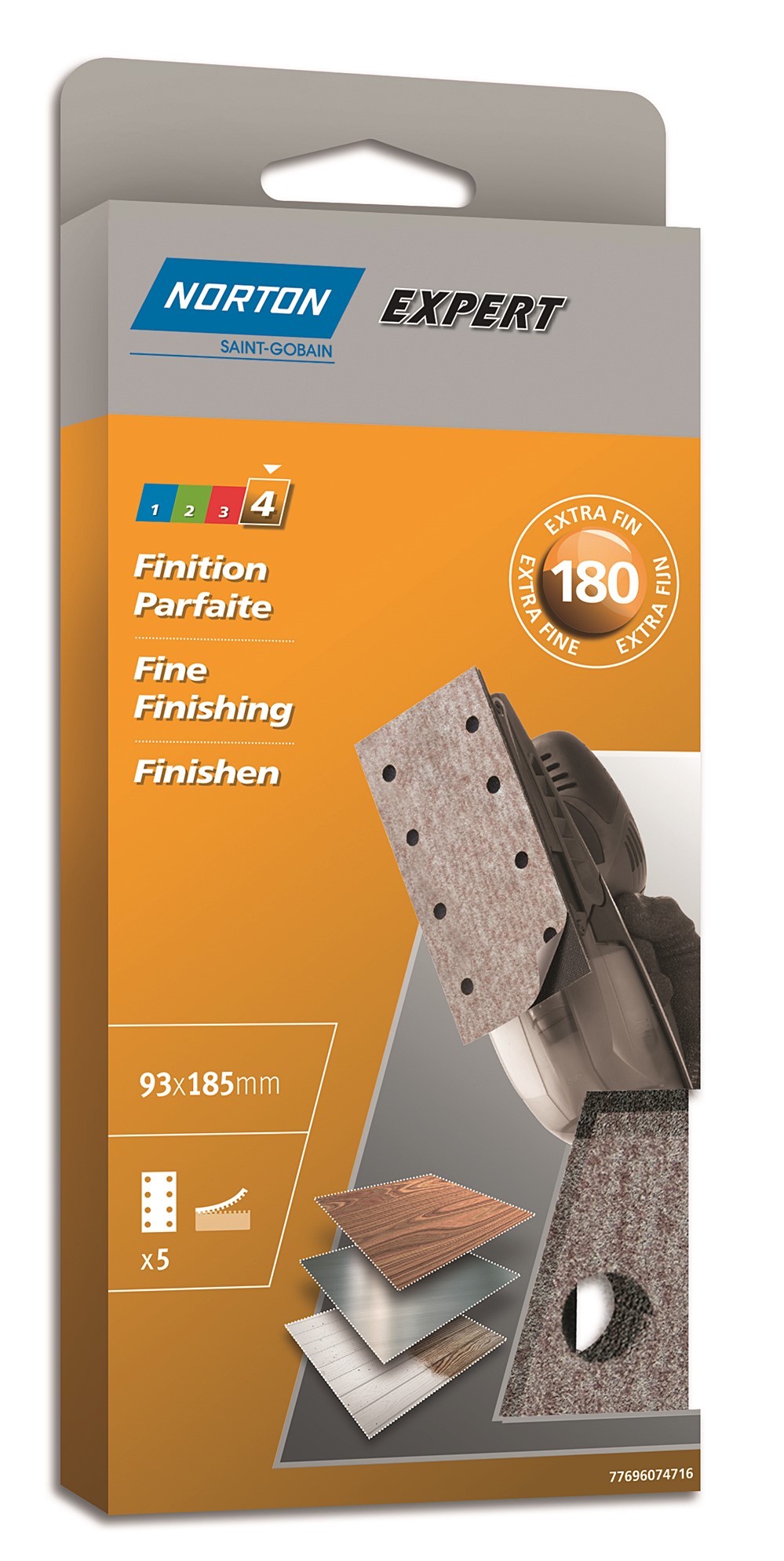 5 Patins auto-agrippants ponceuse vibrante 93x185mm Grain 180 - NORTON