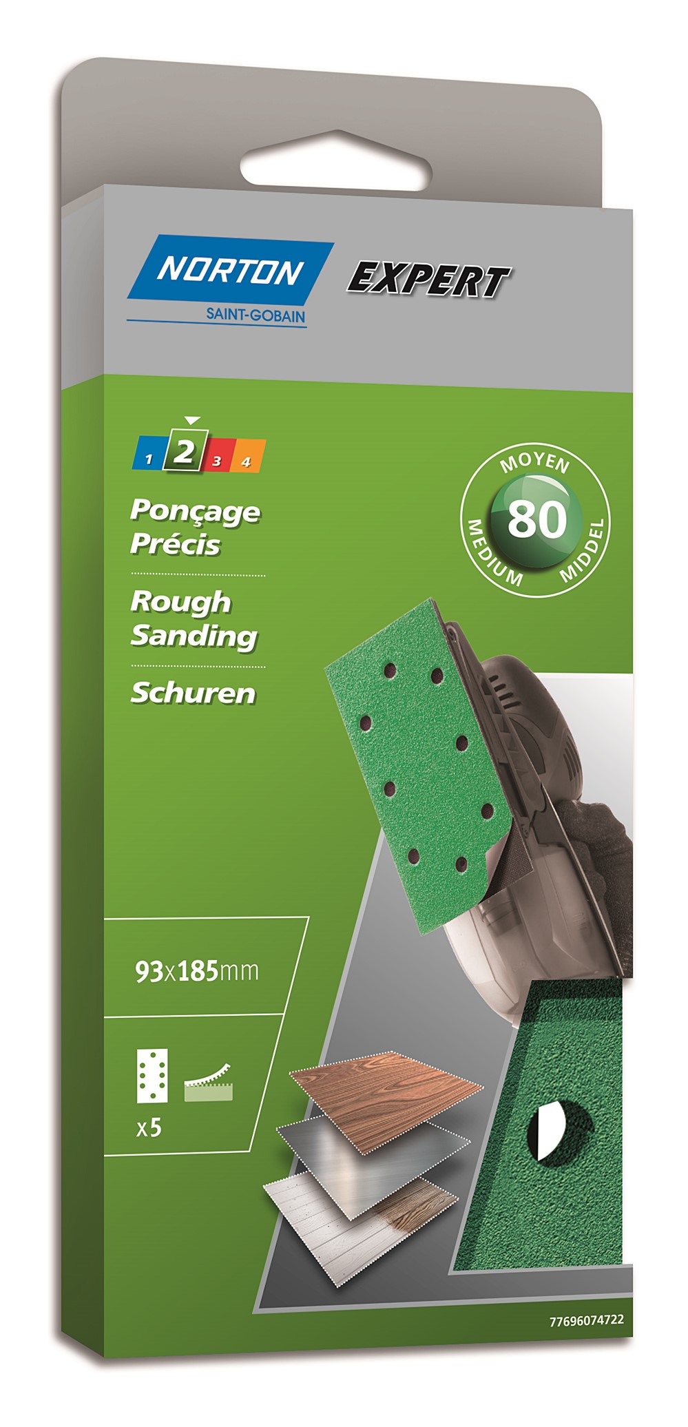 5 Patins auto-agrippants ponceuse vibrante 93x185mm Grain 80 - NORTON