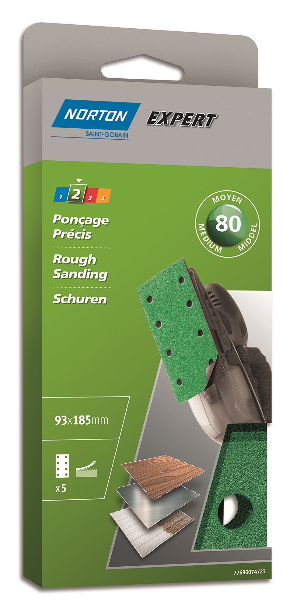 5 Patins auto-agrippants ponceuse vibrante 93x185mm Grain 80 - NORTON