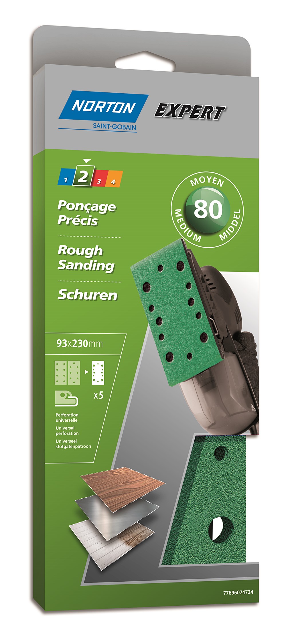 Patins ponçeuse vibrante pinces multitrou 93x230mm Grain 80 - NORTON