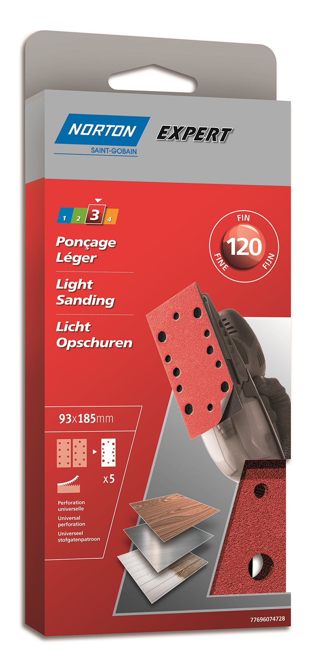5 Patins auto-agrippants ponceuse vibrante 93x190mm Grain 120 - NORTON
