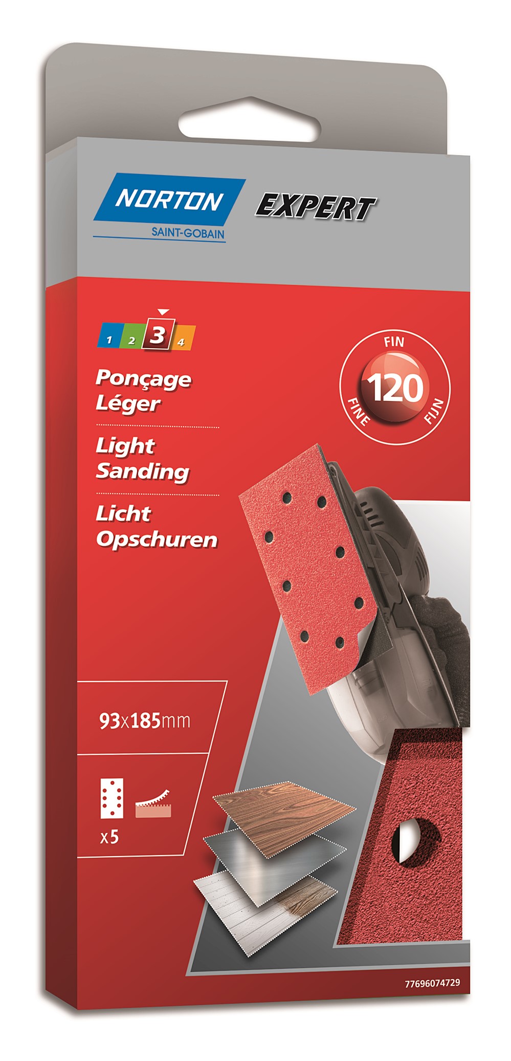 5 Patins auto-agrippant ponceuse vibrante 93x185mm Grain 120 - NORTON