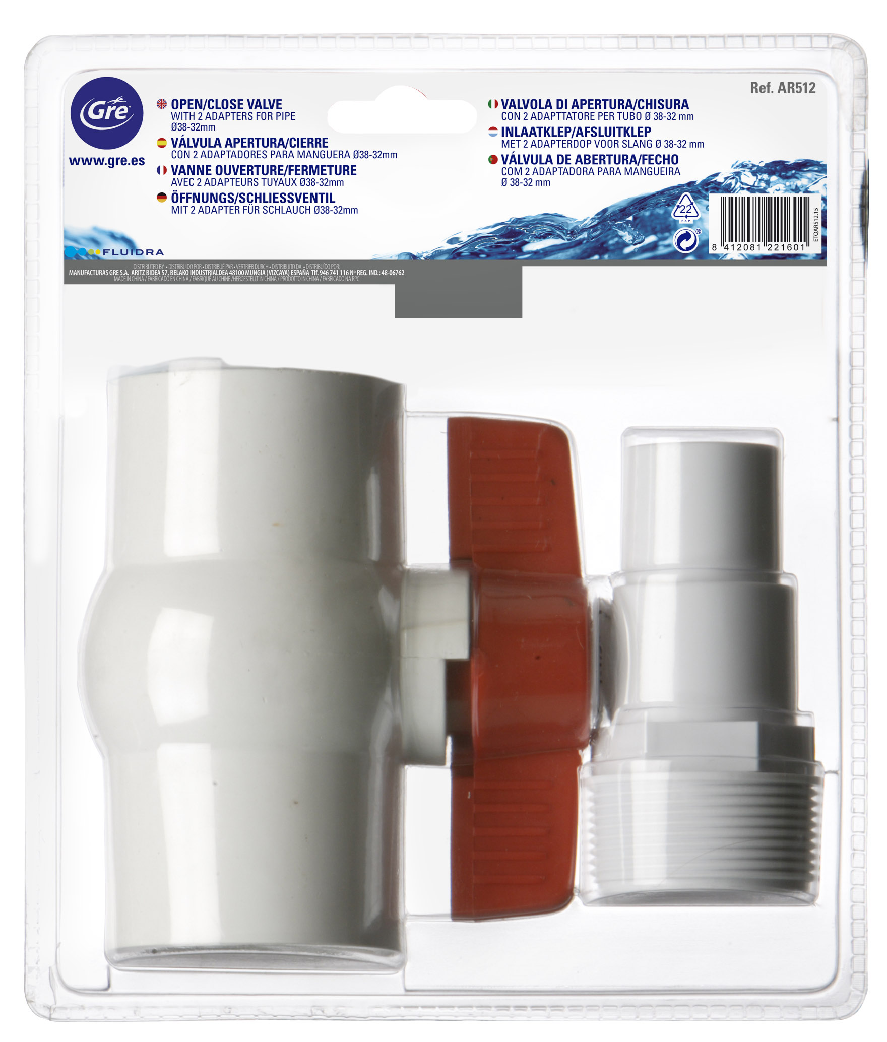 Vanne d'arrêt 1/4 de tour + 2 embouts cannelés Ø38mm + 1 téflon - GRE