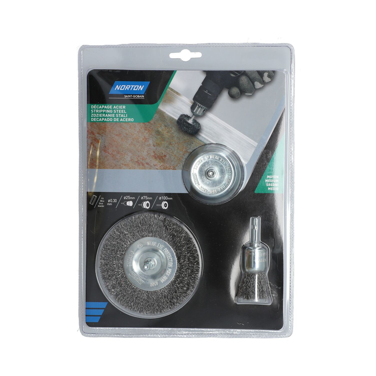 Kit décapage perceuse acier x3 brosses - NORTON