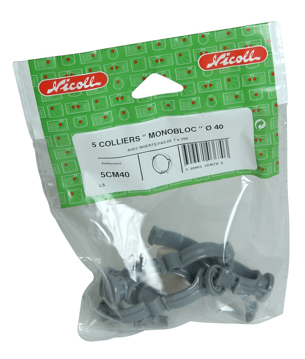 SACHET DE 5 COLLIERS MONOBLOC PVC D40MM 5CM40