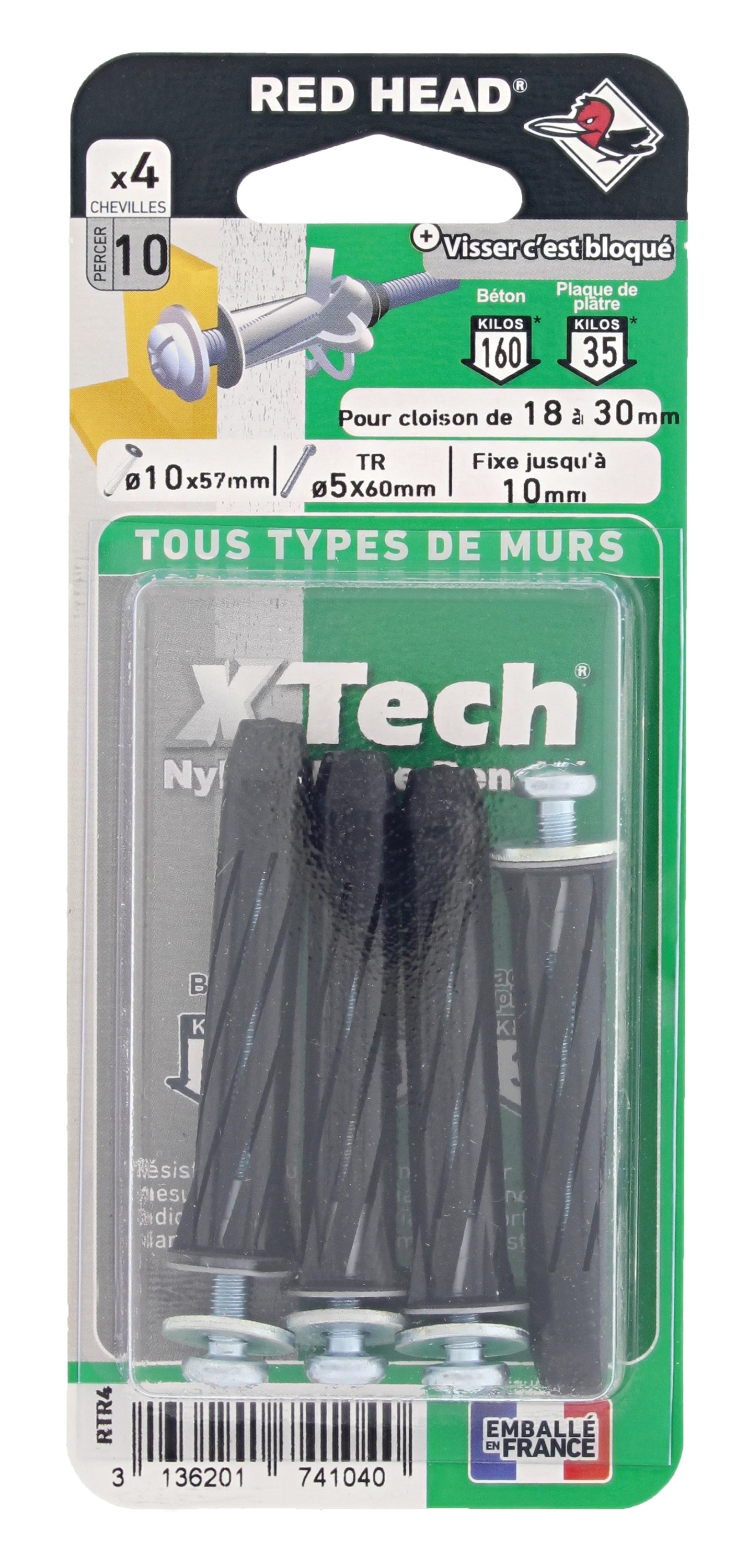 4 chevilles autobloquantes X Tech Ø 10 x 57 mm RED HEAD