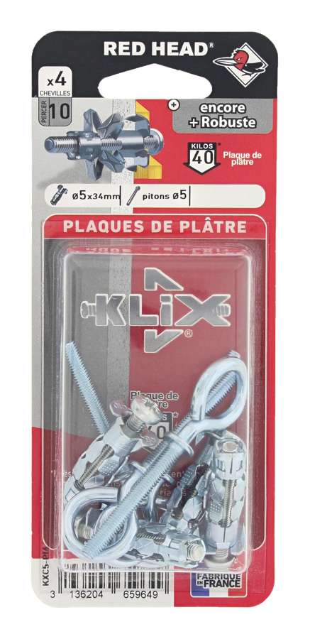  4 Chevilles Klix Ø5x34mm + 5 Piton - RED HEAD 