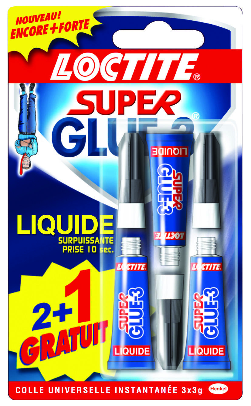 Colle SUPER GLUE-3 Liquide Universal - 3g - Lot de 2+1 Gratuit - LOCTITE