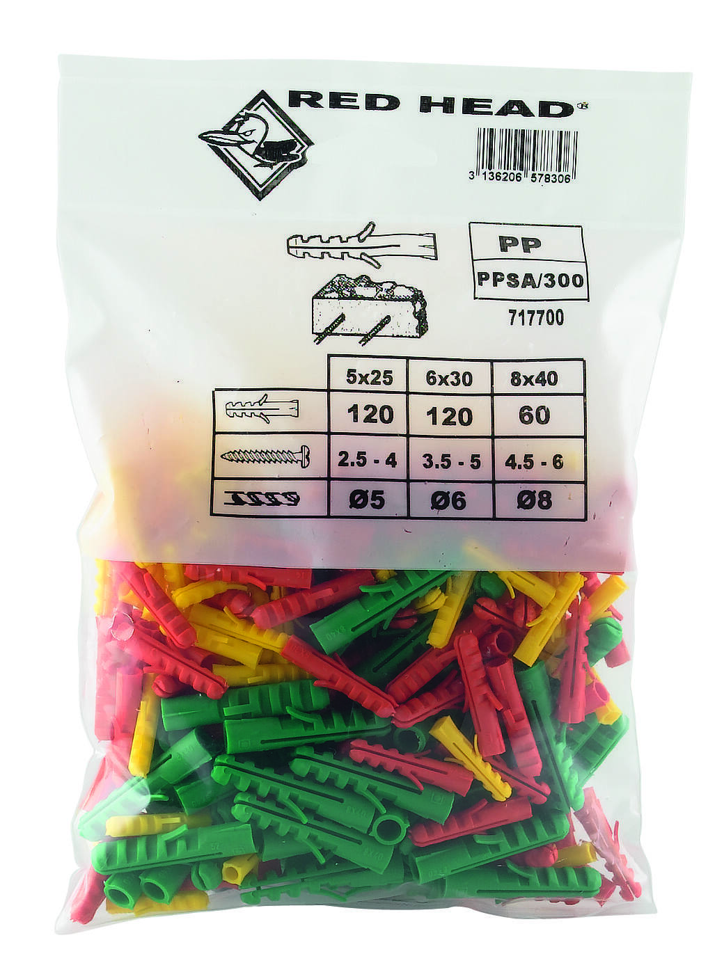 Sachet de cheville PP Ø5x25 + Ø6x30 + Ø8x40mm RED HEAD