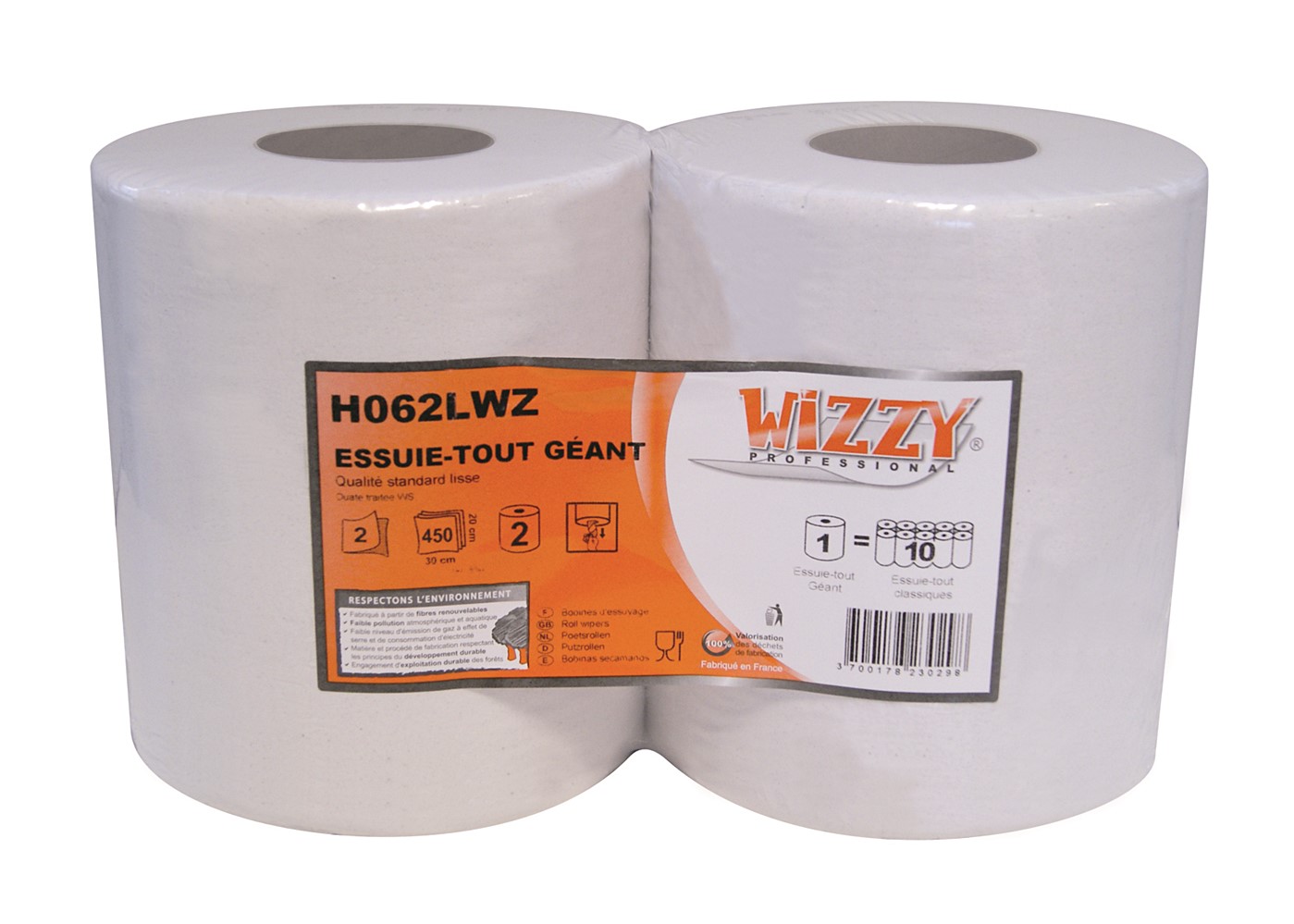 Rouleaux essuie tout géant 450 formats 2 plis ouaté blanc - WIZZY