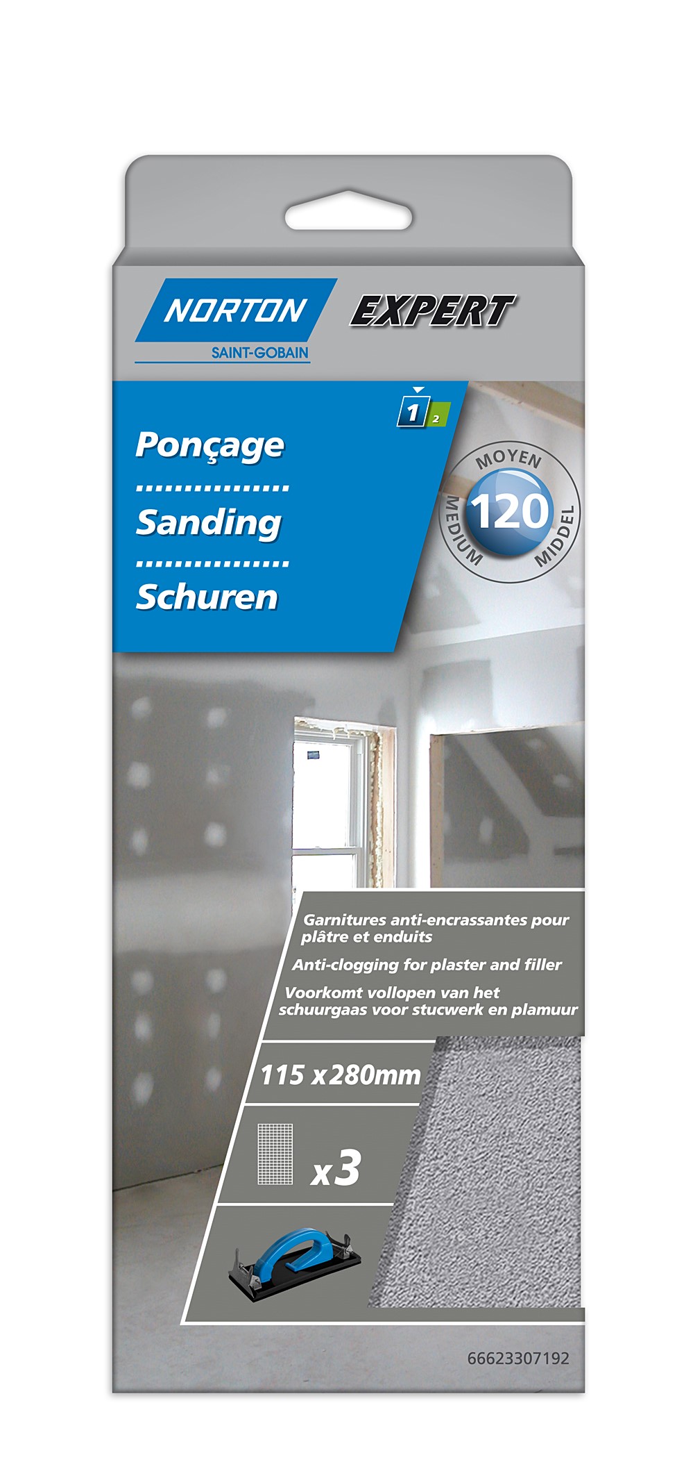 3 Garnitures Ponçage plâtre sur cale 115x280mm Grain 120 - NORTON