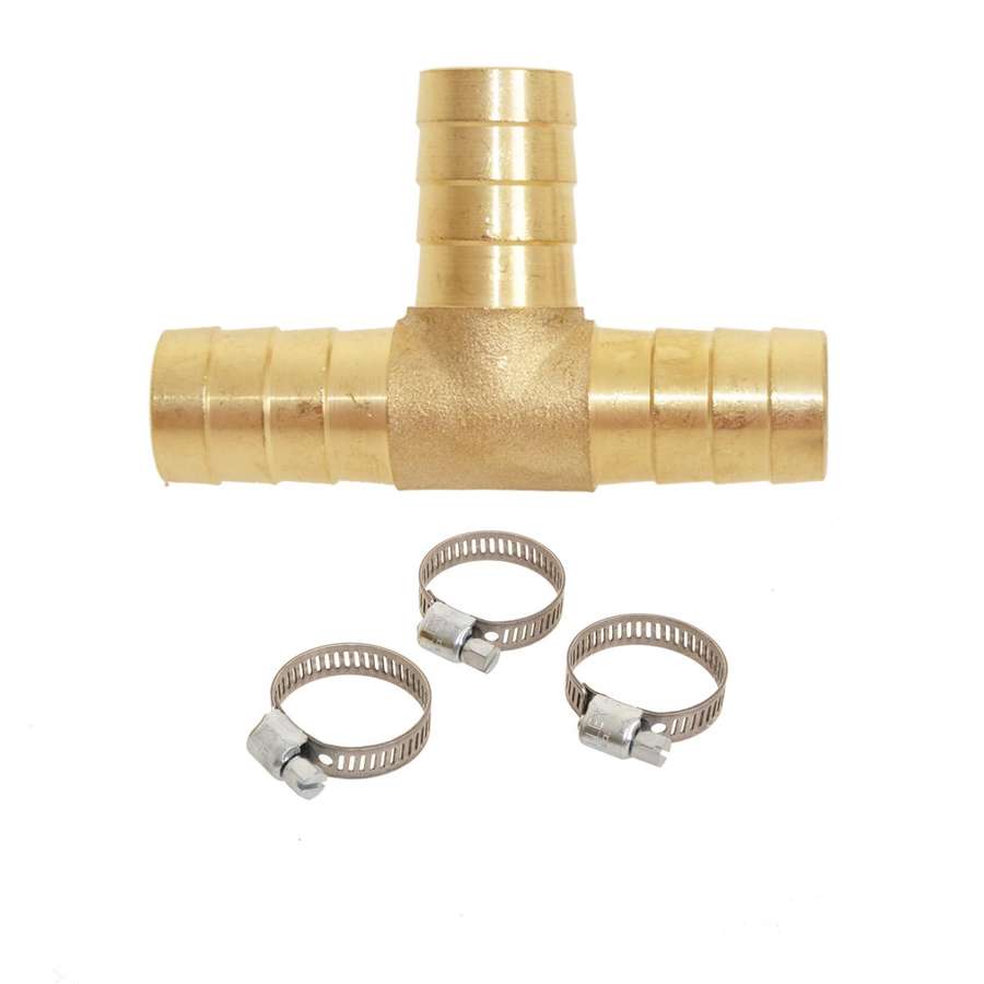 Té pour tuyau arrosage cannelé laiton Ø15mm + 3 colliers
