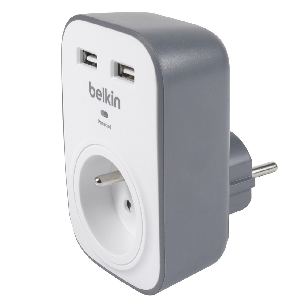 Adapteur Parafoudre Prise 2P+T 2 USB 2,4A Blanc Gris - BELKIN