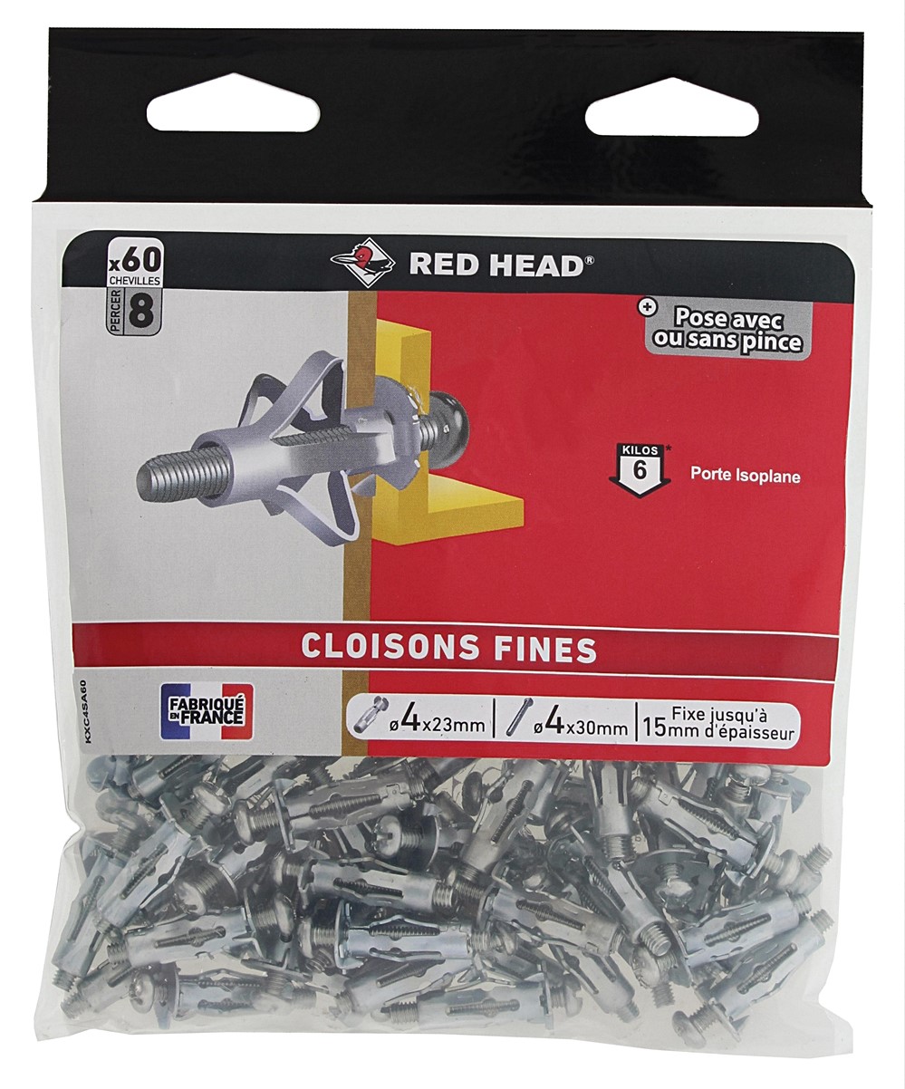 60 chevilles Klix Ø4 x 23 mm + vis TR Ø4 x 30 mm - RED HEAD