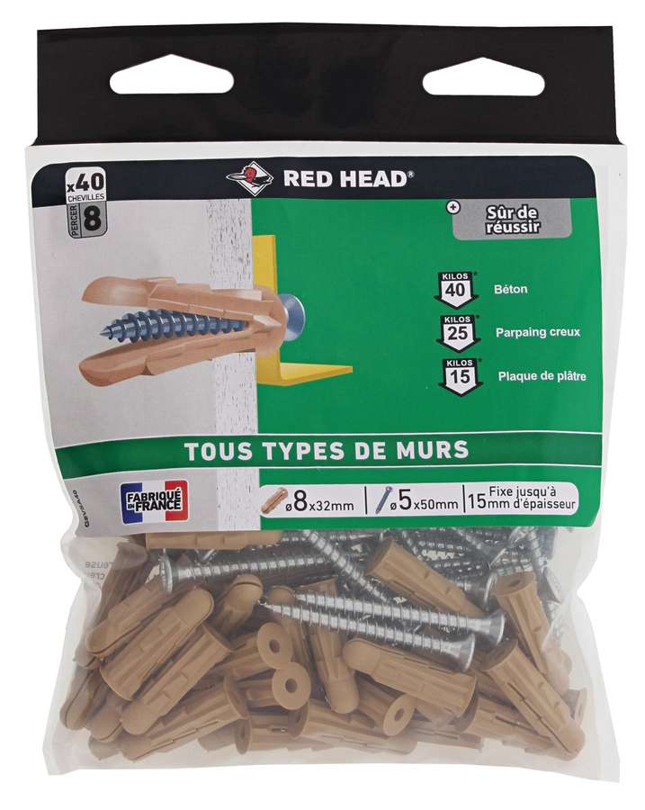 40 Chevilles Grapex Ø8x32mm + Vis TF Ø5x50mm - RED HEAD 