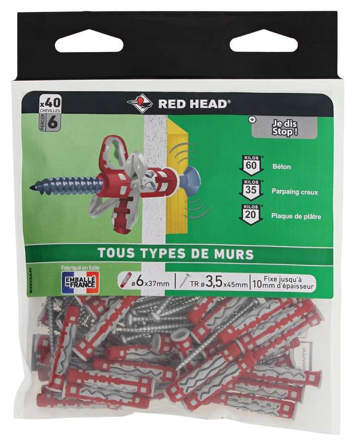  40 Chevilles MX Ø6x37mm + Vis TR Ø4x45mm - RED HEAD 