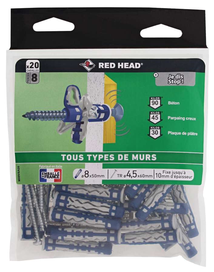  20 Chevilles MX Ø8x50mm + Vis TR Ø4,5x55mm - RED HEAD 