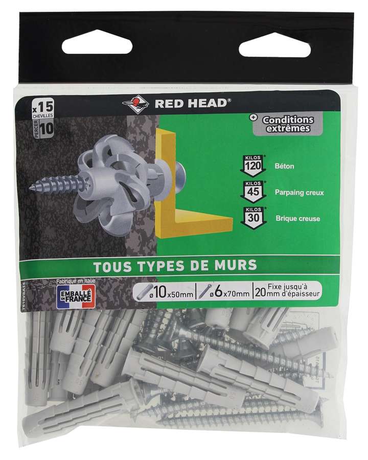 15 Chevilles Nordtech Ø10x50mm + Vis TF Ø6x70mm - RED HEAD 