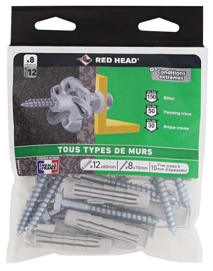8 Chevilles Nordtech Ø12x60mm + Tirefond Ø8x70mm - RED HEAD