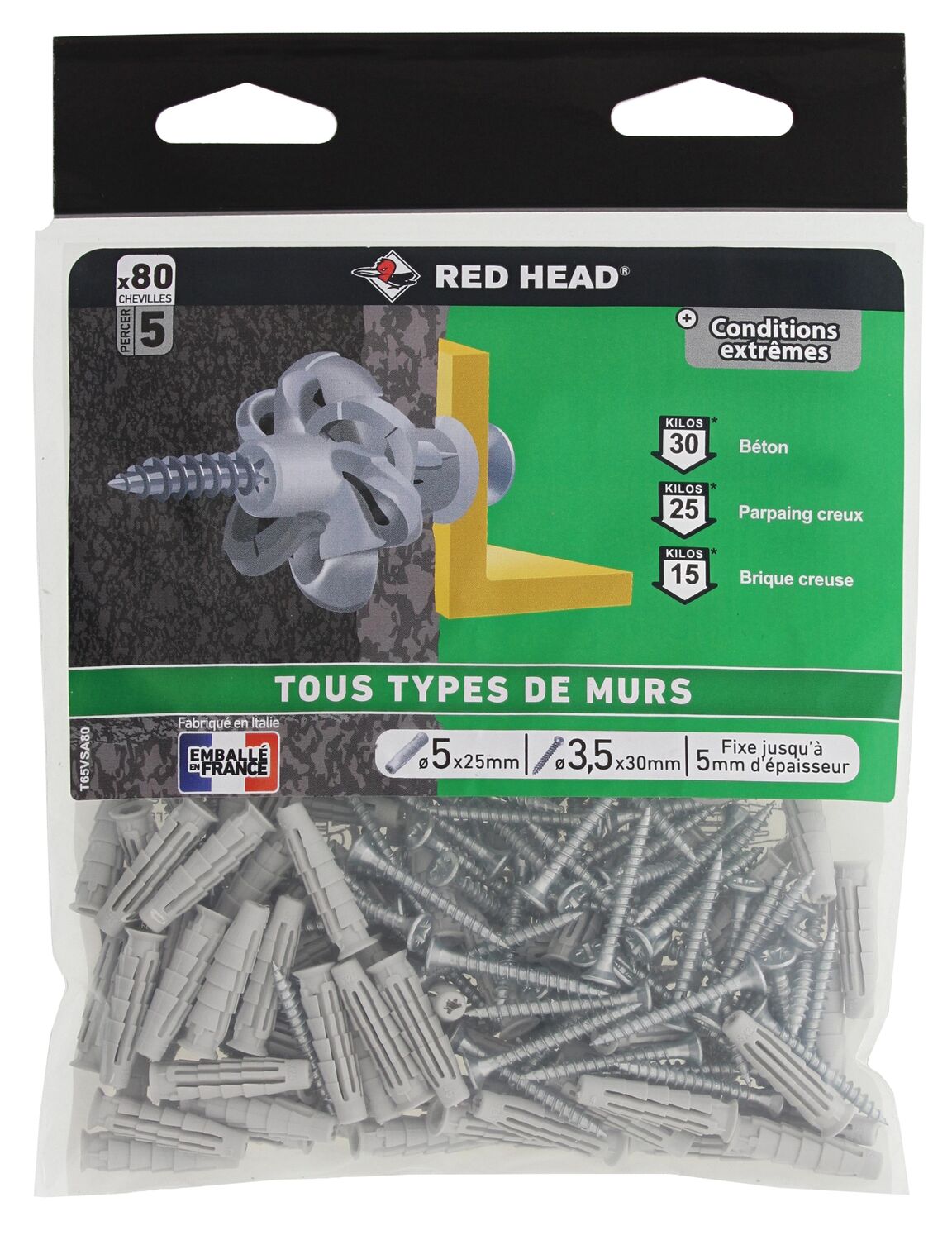 80 Chevilles Nordtech Ø5x25mm + Vis TFø3,5x30mm - RED HEAD