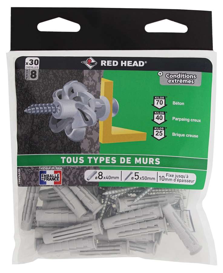 30 Chevilles Nordtech Ø8x40mm + Vis TF Nylon Universelle - RED HEAD