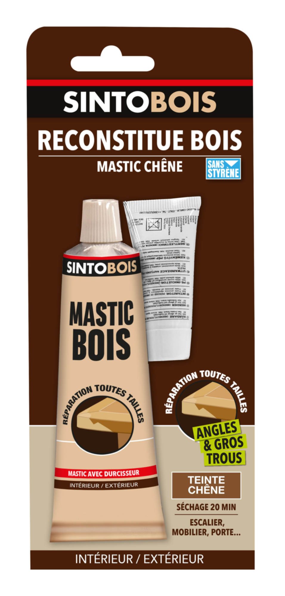 Mastic à bois avec durcisseur angles/gros trous chêne 66ml - SINTO