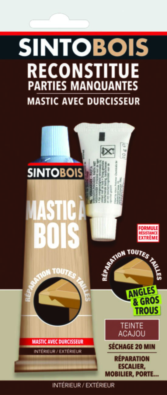 Mastic à bois avec durcisseur angles/gros trous teinte acajou 66ml - SINTO