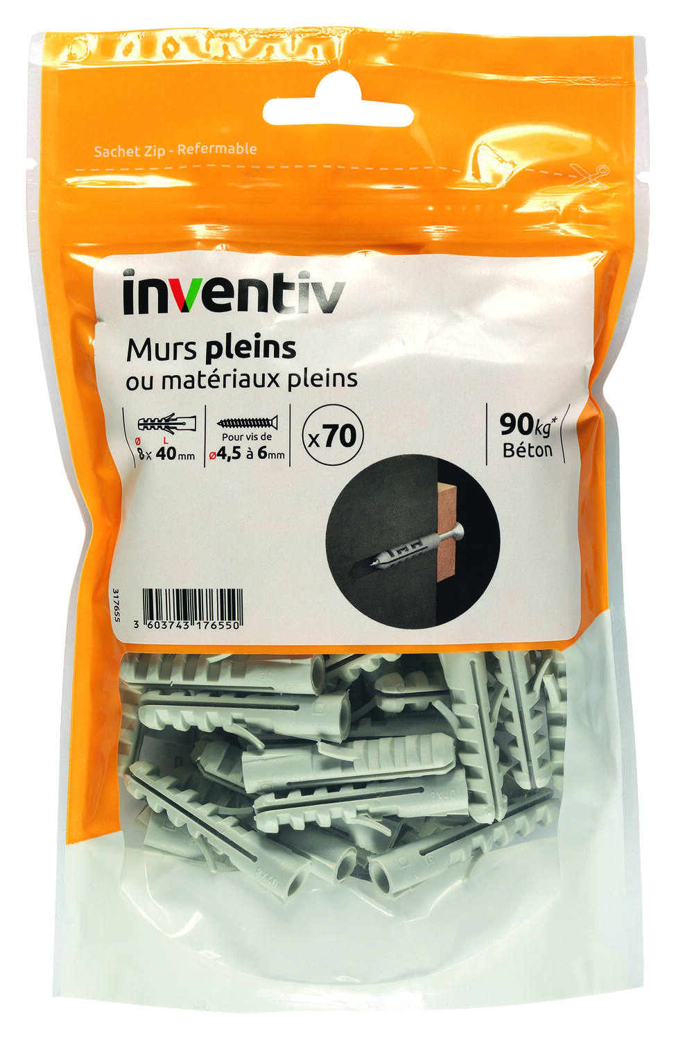 70 Chevilles Nylon Matériaux Pleins Ø8x40mm - INVENTIV