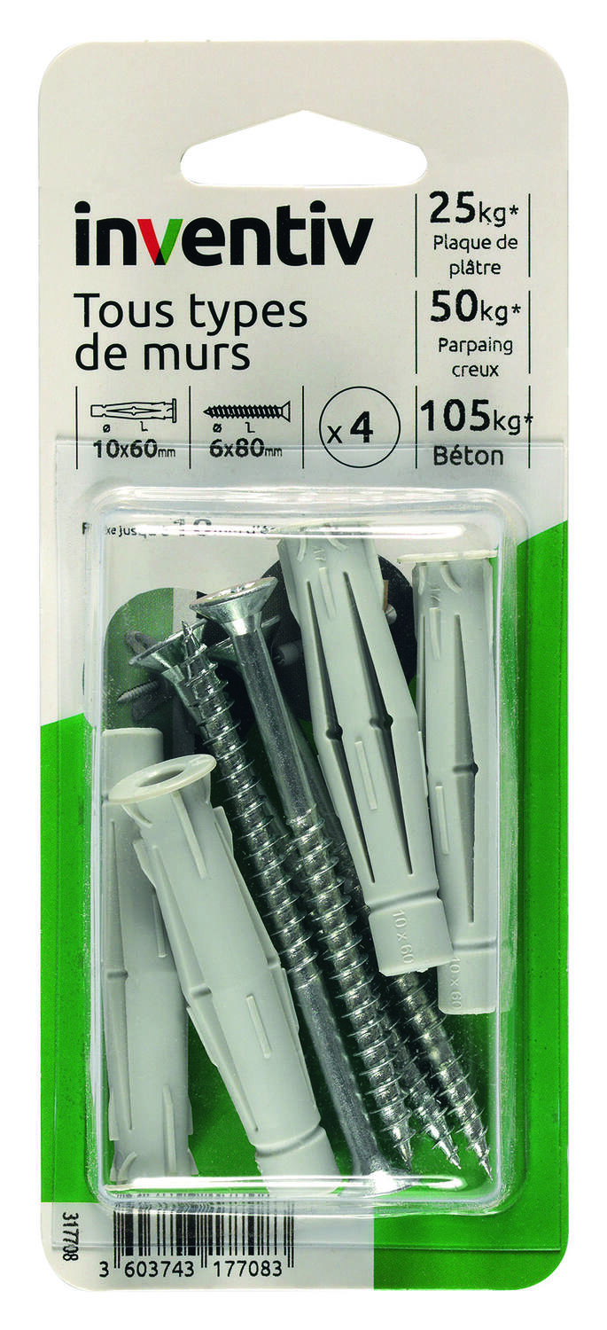 4 Chevilles Tous Matériaux Ø10x60mm + Vis TF  Ø6x80mm - INVENTIV