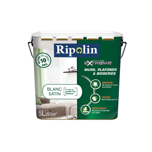 Peinture Ultra-Couvrante Extrême Mur&Plafond blanc satin 5L - RIPOLIN