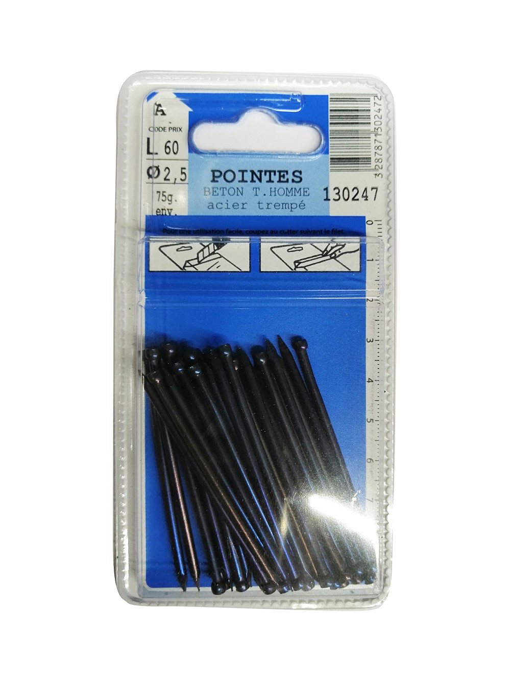 Pointes béton tête homme acier trempé L60 ø2,5mm