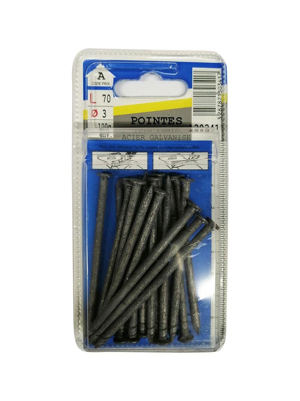 Pointes tête plate acier galvanisé L70 ø3mm 100g
