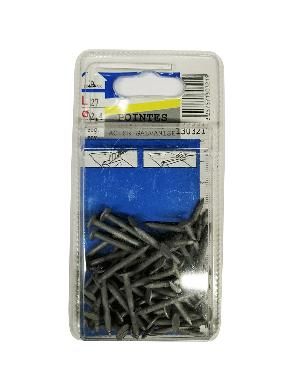 Pointes tête plate large acier galvanisé L27 ø2,4mm
