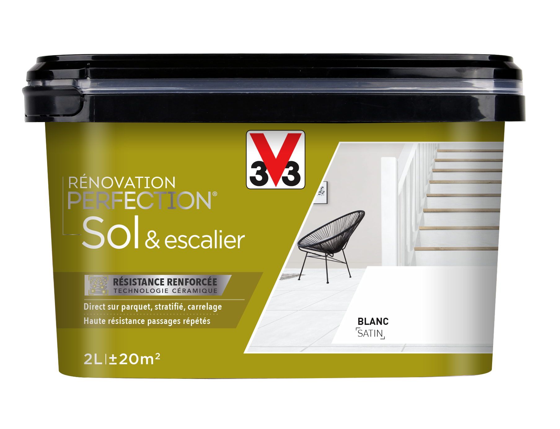 Peinture de rénovation sol et escalier finition satinée blanc 2L - V33