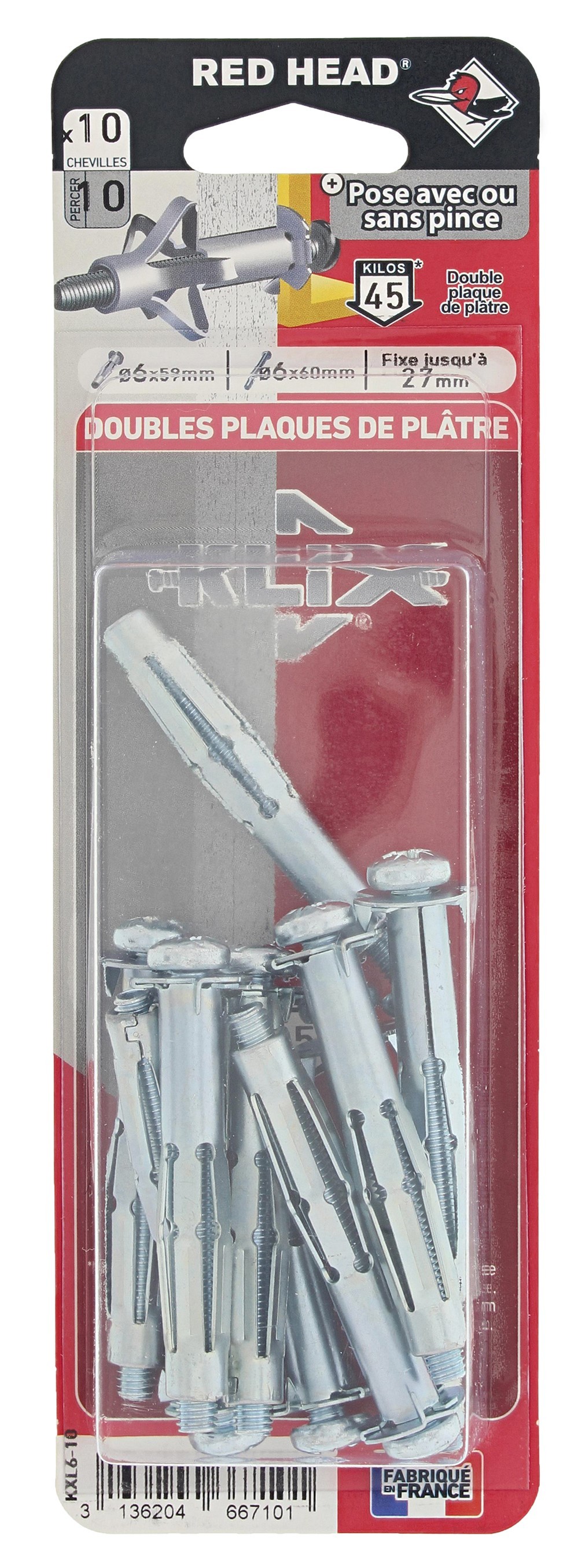 BLISTER DE 10 KLIX D6X59MM + VIS TR D6X65MM