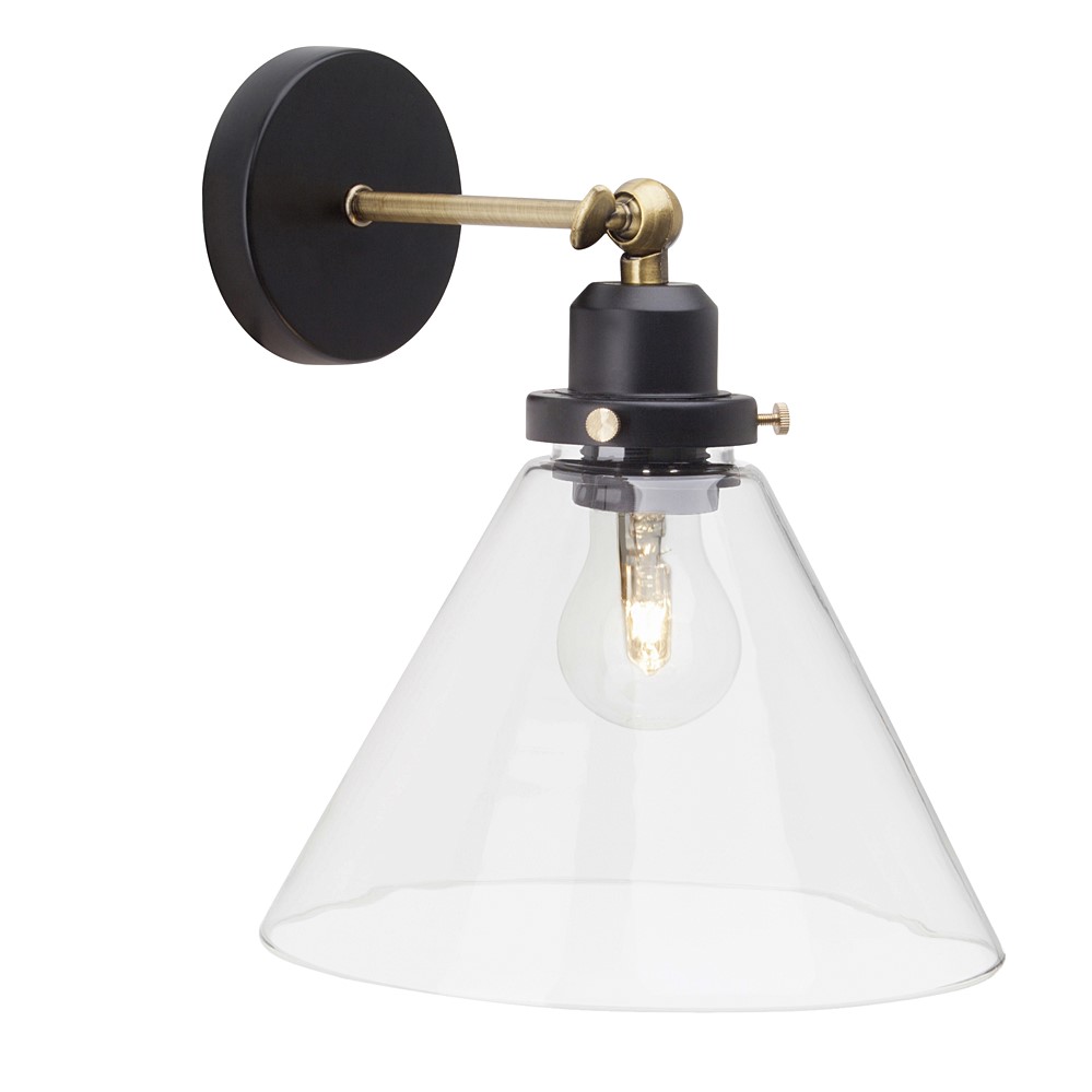 Applique murale brilliant ronald 30w noir et laiton, verre transparent