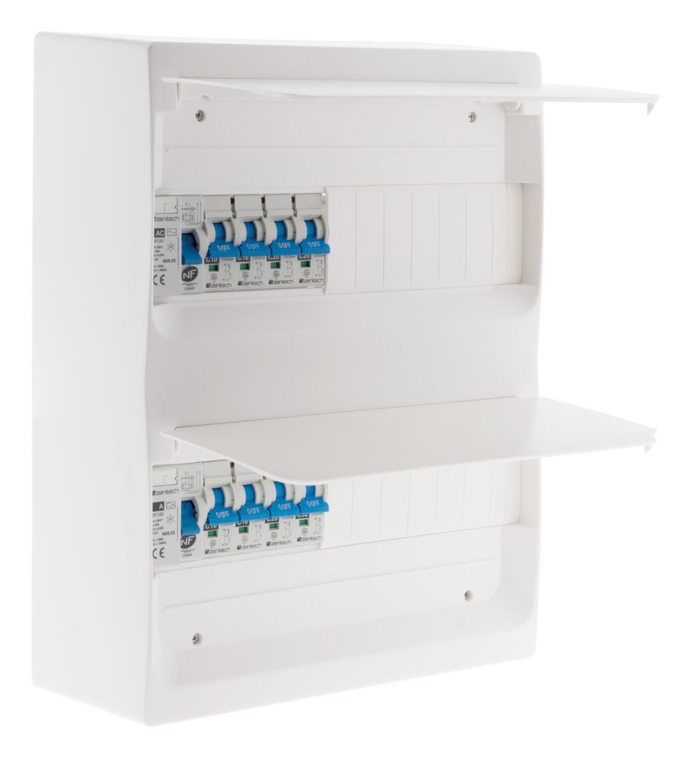 Coffret t1/t2 26 modules blanc equpe de 8 disjoncteurs et 2 inter. diff. livre avec accessoires - zenitech