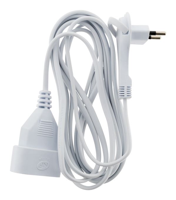 Rallonge électrique ménager sans terre avec fiche extraplate 2x 0,75 blanc 3m - ZENITECH