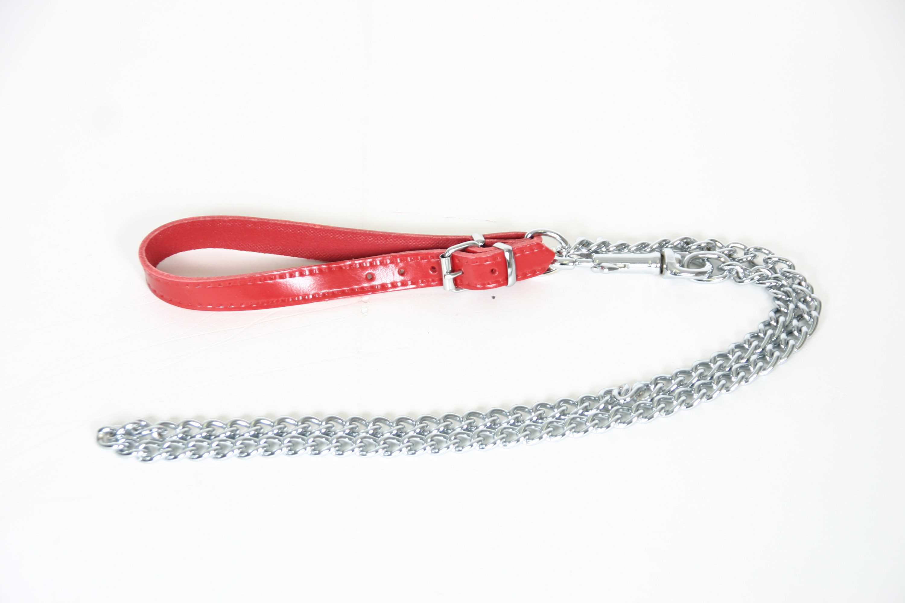 Laisse chaine 3 mm 16/10 poignée cuir rouge