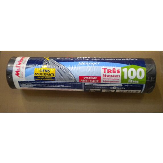 Rouleau de sacs poubelle noir 100 litres lien coulissant