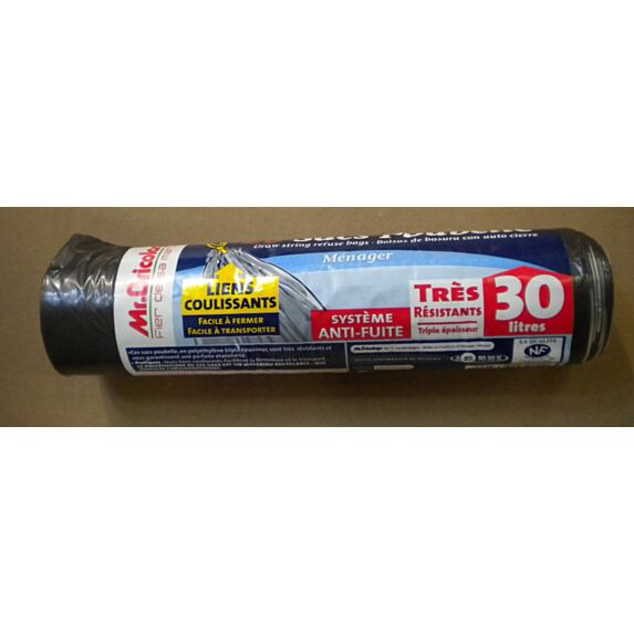 Rouleau de sacs poubelle noir 30L lien coulissant