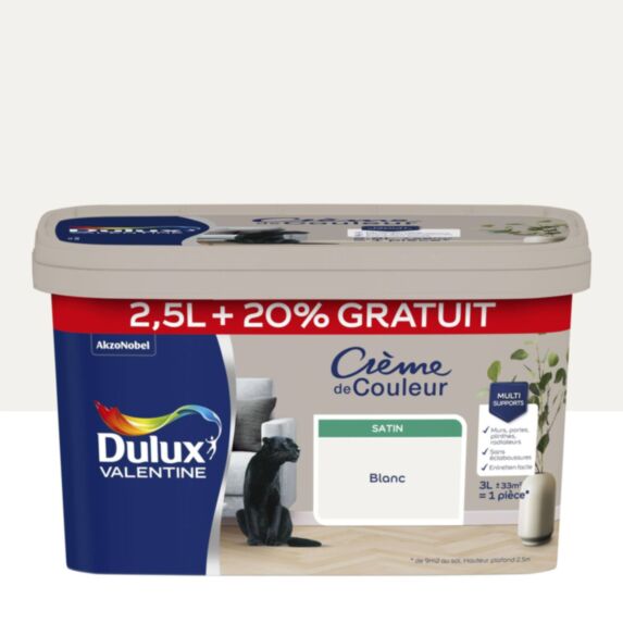 Peinture Crème de couleur Blanc Satin 2,5L+20% - DULUX VALENTINE