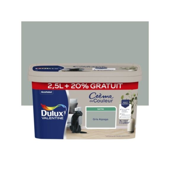 Peinture Crème de couleur satin gris alpaga 2,5L + 20% gratuits - DULUX VALENTINE
