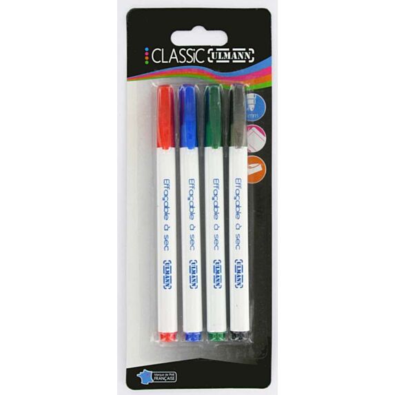 4 Feutres Effaçables À Sec, 4 Couleurs Assorties, Pointe Ogive 3mm