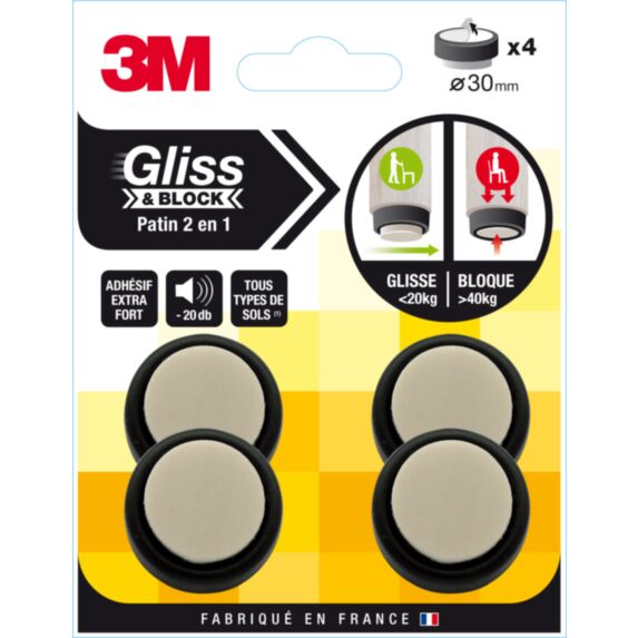 Patin gliss & block adhésif noir/beige diam 30mm - 3M