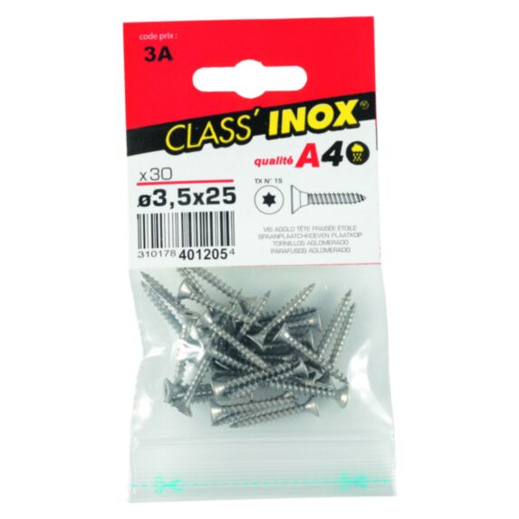 30 Vis agglo tête fraisée étoile inox A4 3,5x25 - CLASS'INOX