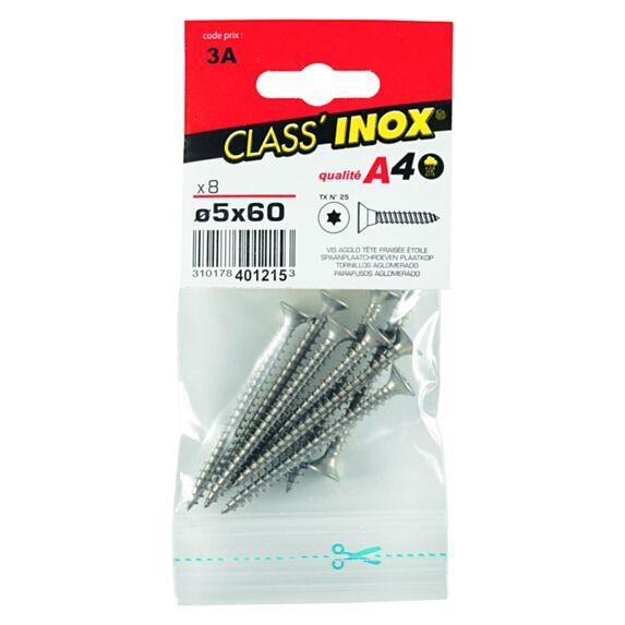 8 Vis agglo tête fraisée étoile inox A4 5x60 - CLASS'INOX