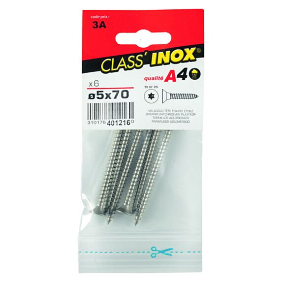 6 Vis agglo tête fraisée étoile inox A4 5x70 - CLASS'INOX