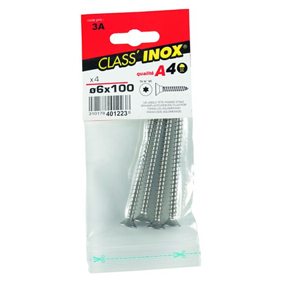 4 Vis agglo tête fraisée étoile inox A4 6x100 - CLASS'INOX
