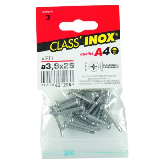 20 vis tôle autoperceuses inox A4 3,9x25 - CLASS'INOX